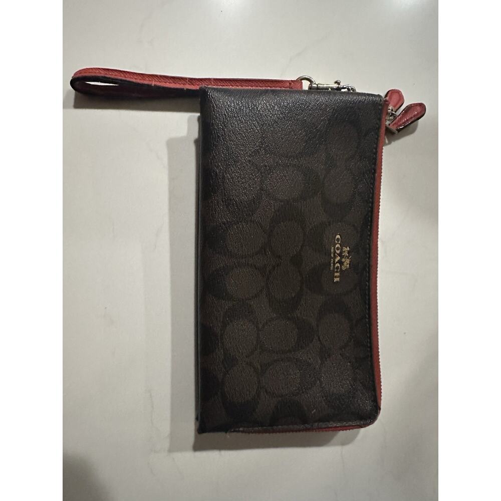 Coach Signature Wristlet Brown/Red Leather Trim – Classic Logo Print